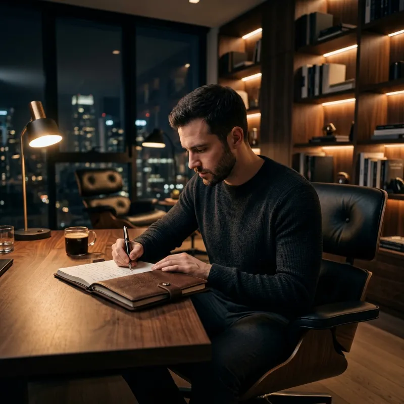 A man in a minimalist study intensely focused on strategic planning, symbolizing the clarity and direction brought by a disciplined mindset transformation