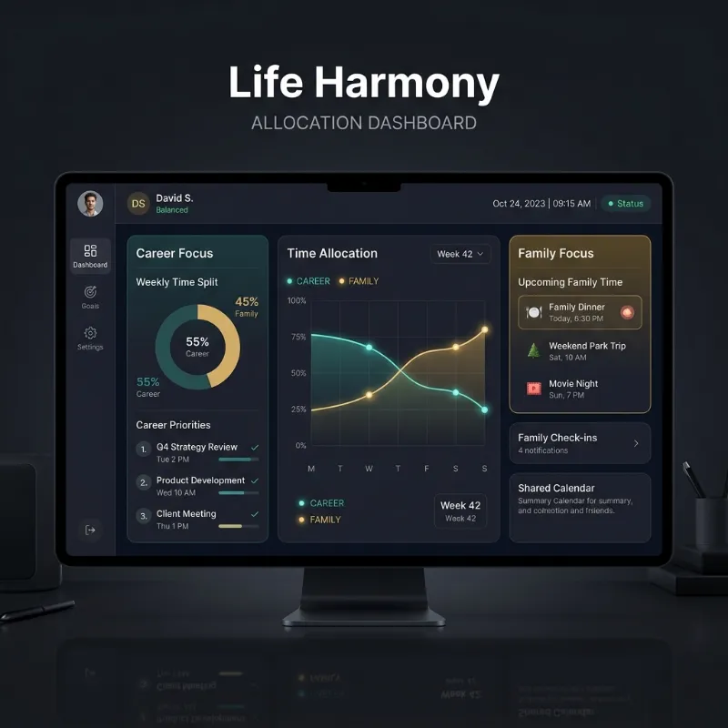 A thematic representation of balanced lifestyle elements: work, family, and personal growth
