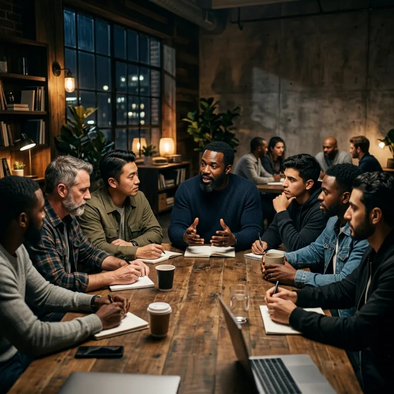 A diverse group of men engaged in a community discussion, reflecting modern masculinity and collaboration