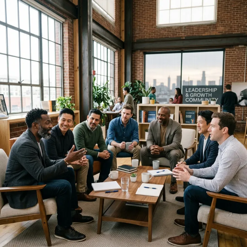 A diverse group of men sharing experiences and building community around modern masculinity