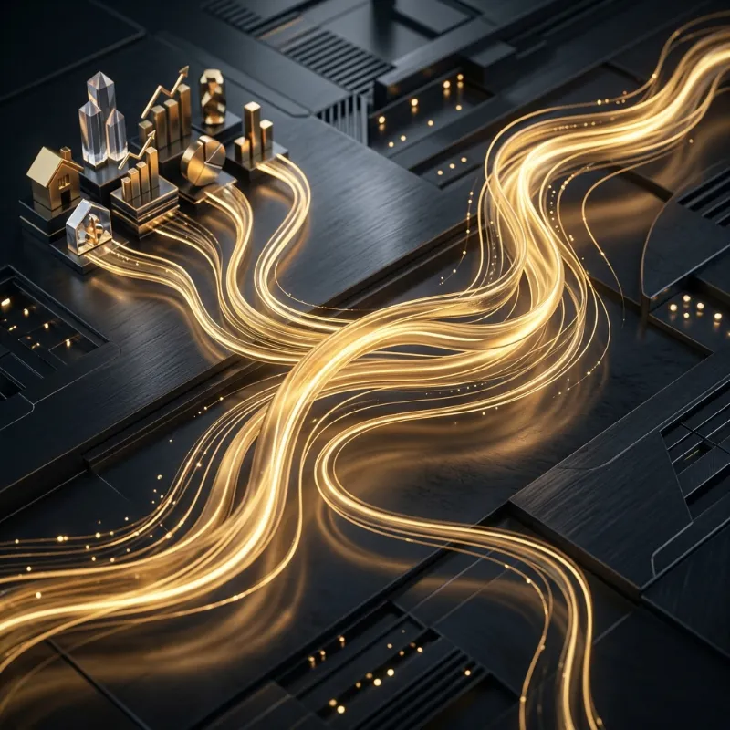 A conceptual representation of a digital goldmine with interconnected AI media nodes and wealth-building data streams